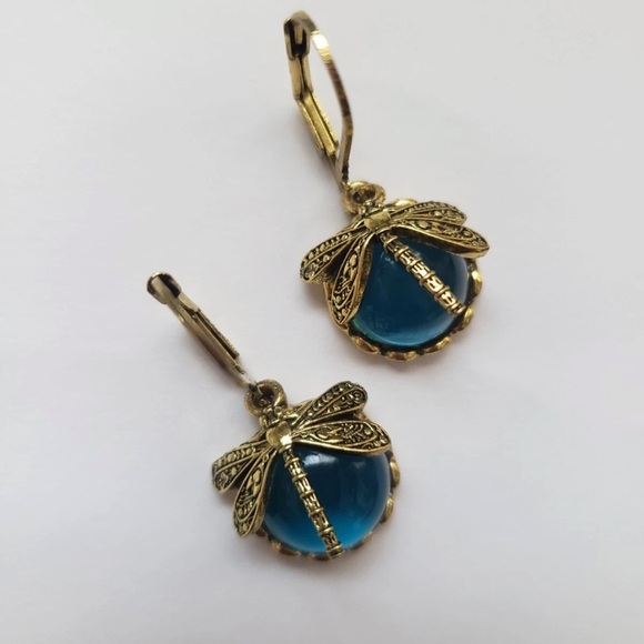 Elegant Gold and Blue glass Dragonfly Leverback Earrings - Picture 4 of 4